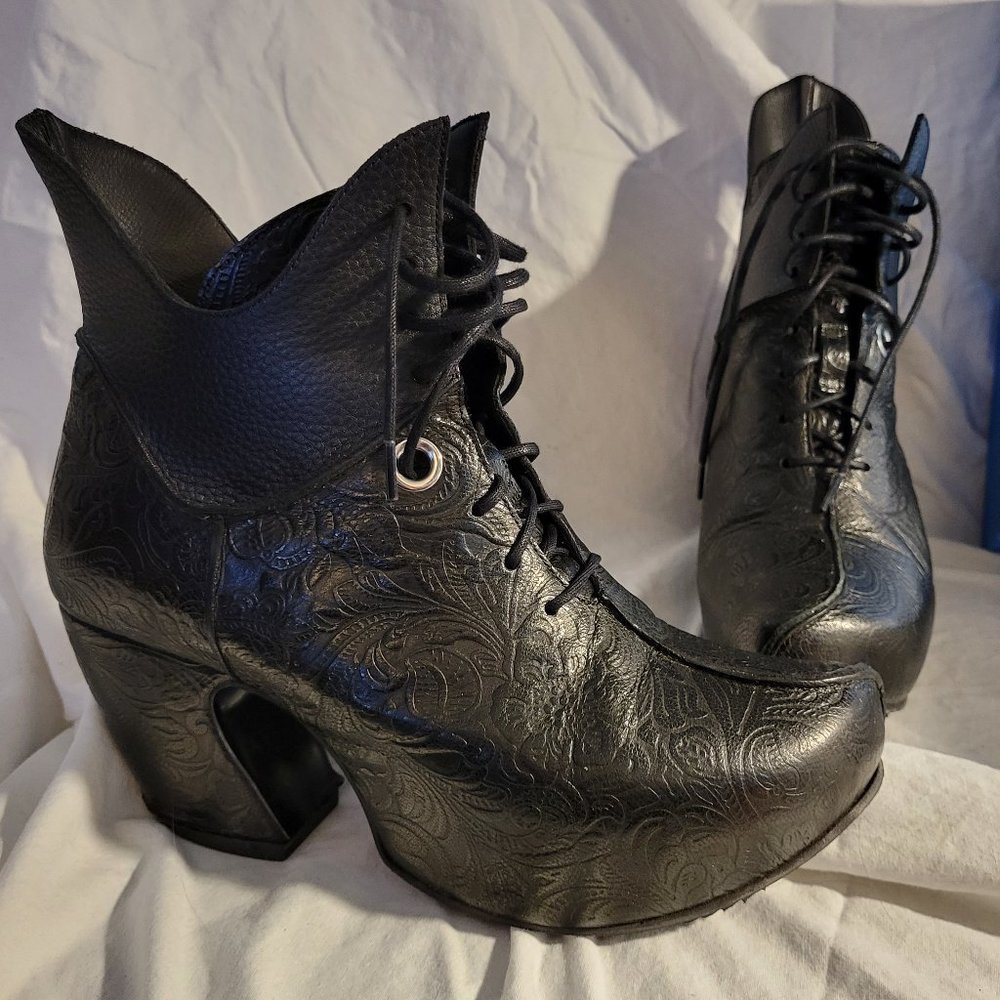 Mask Platform Lace-Up Ankle Boot, Black Emboss